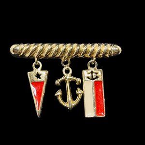 Vintage Gold Tone W/Red & White Enamel Anchor Bar Brooch (4906)